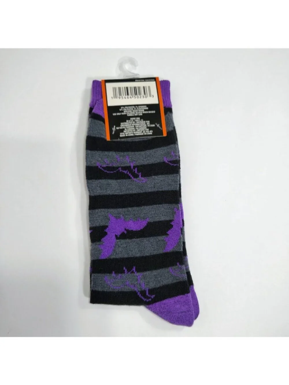 Halloween Crew Socks Womens Size 6-12 Black Purple Grey Striped Bat Pattern